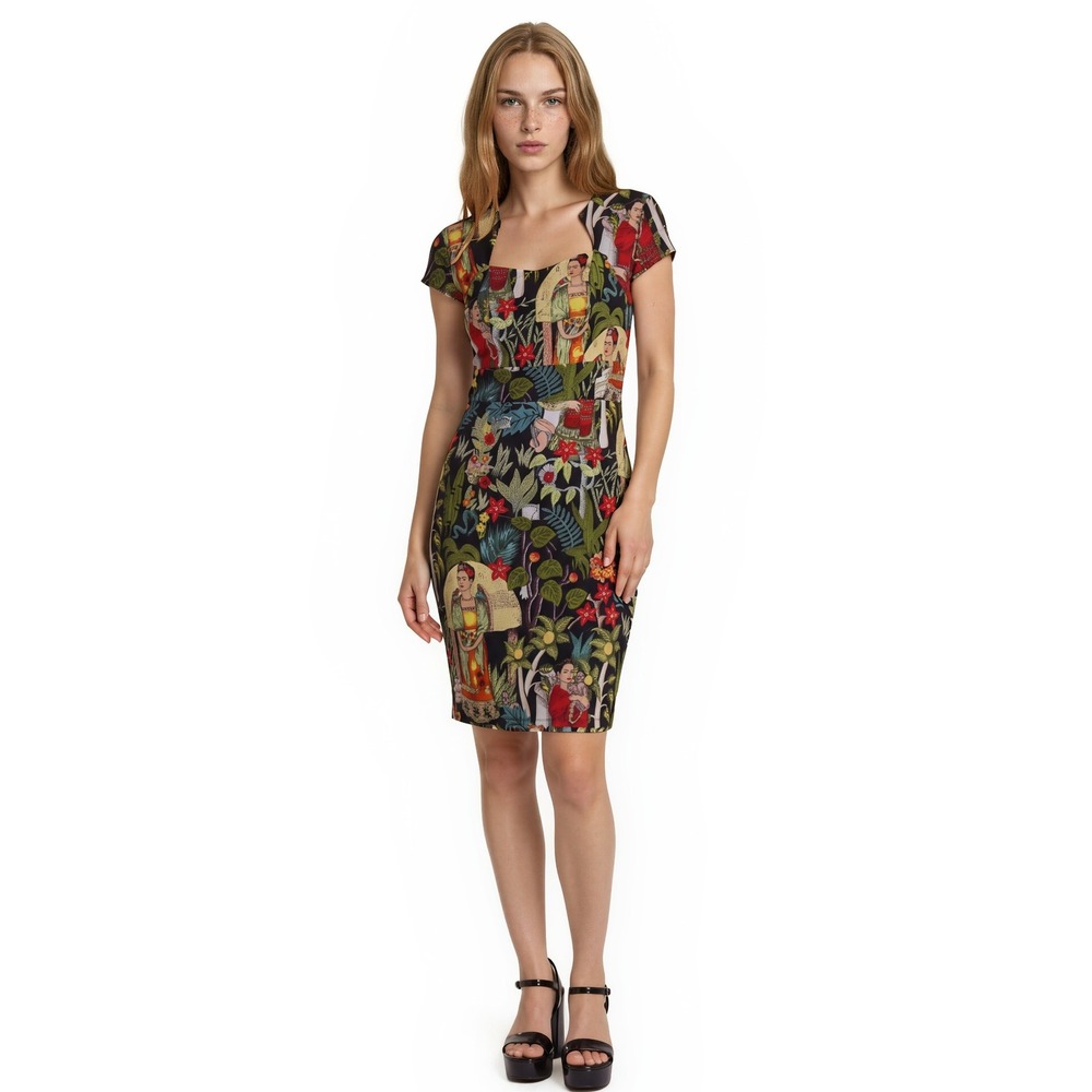 NEW Grace Karin Dress Women's Size Medium Black Frida Kahlo Tropical Art Print
